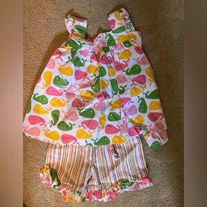 Girls Linen Ruffled Whale Print Top & Striped Shorts Set - Pink, Yellow, Green